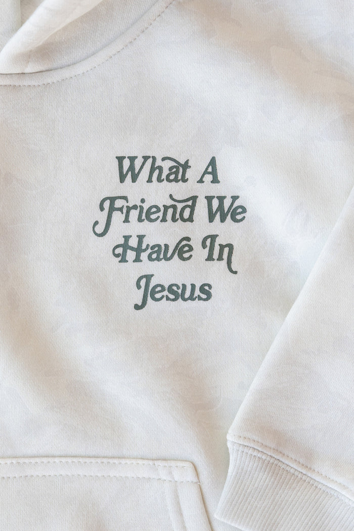 What a friend in Jesus camo kids hoodie