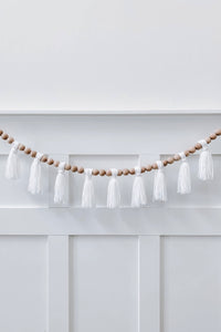 mode, wood beaded garland w yarn tassels