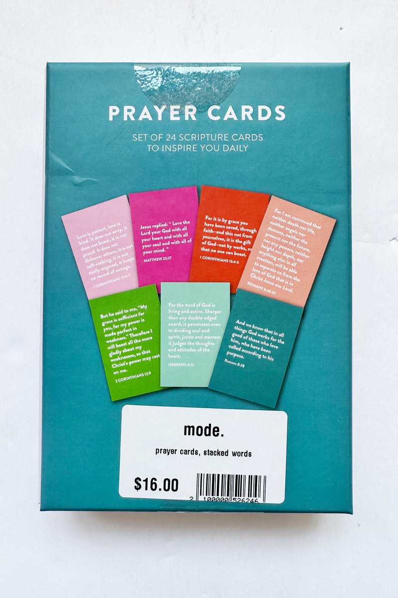 mode, prayer cards, stacked words