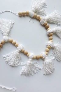 mode, wood beaded garland w yarn tassels