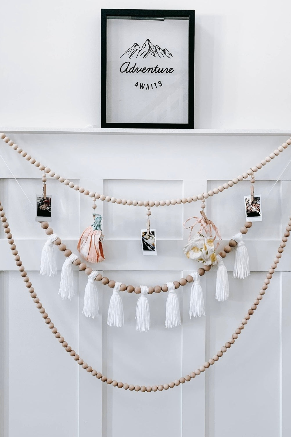 mode, wood beaded garland w yarn tassels