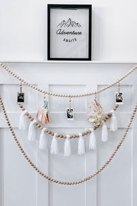 mode, wood beaded garland w yarn tassels
