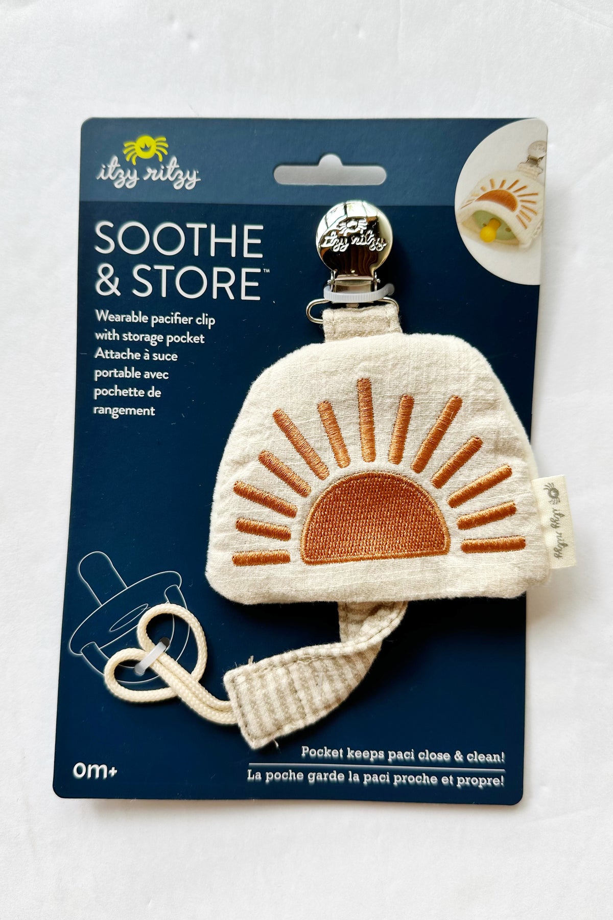 mode, soothe + store pacifier clip, sun