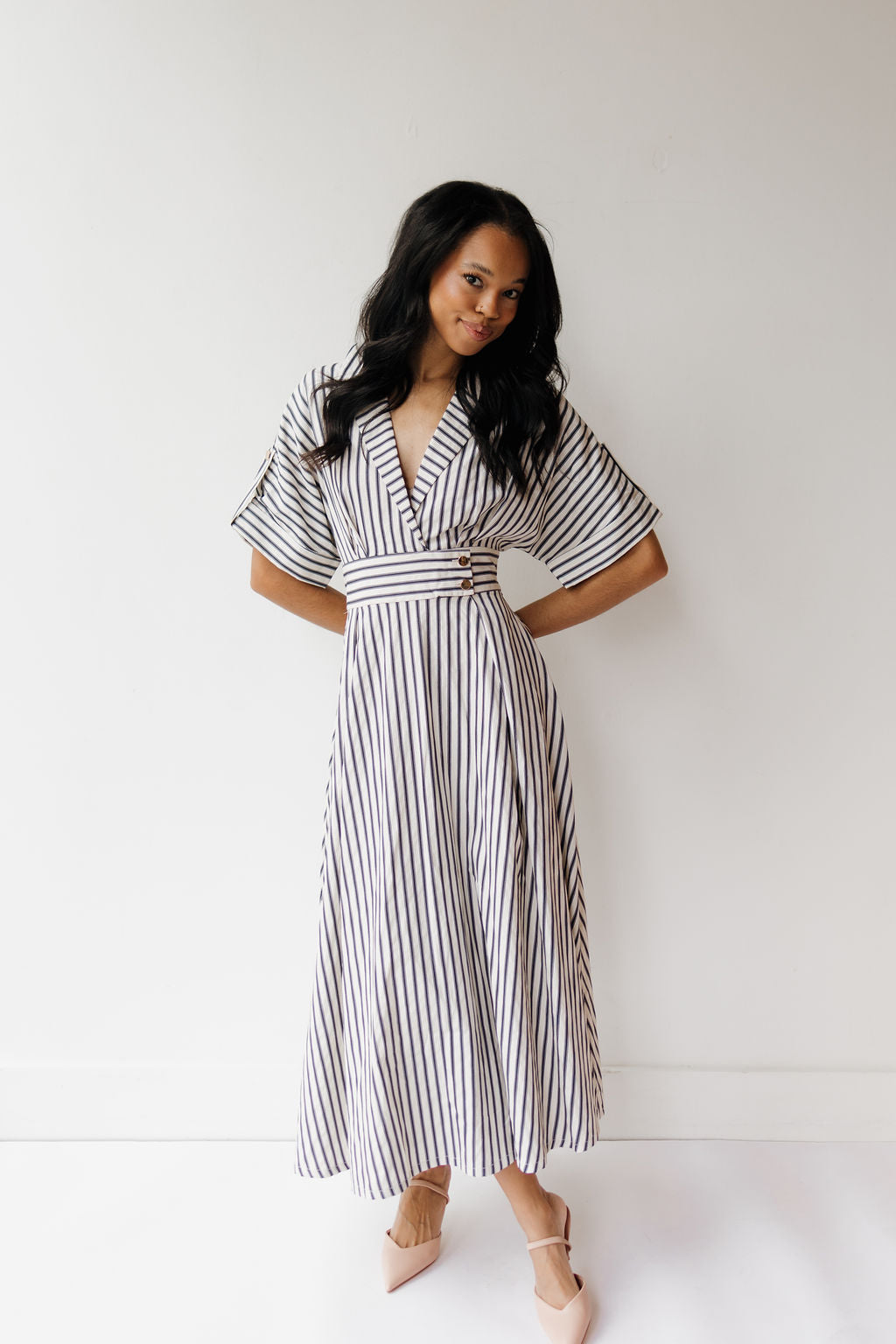 augustine striped midi dress