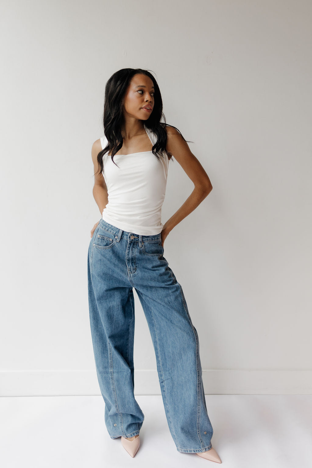 lacey pleated wide leg jeans