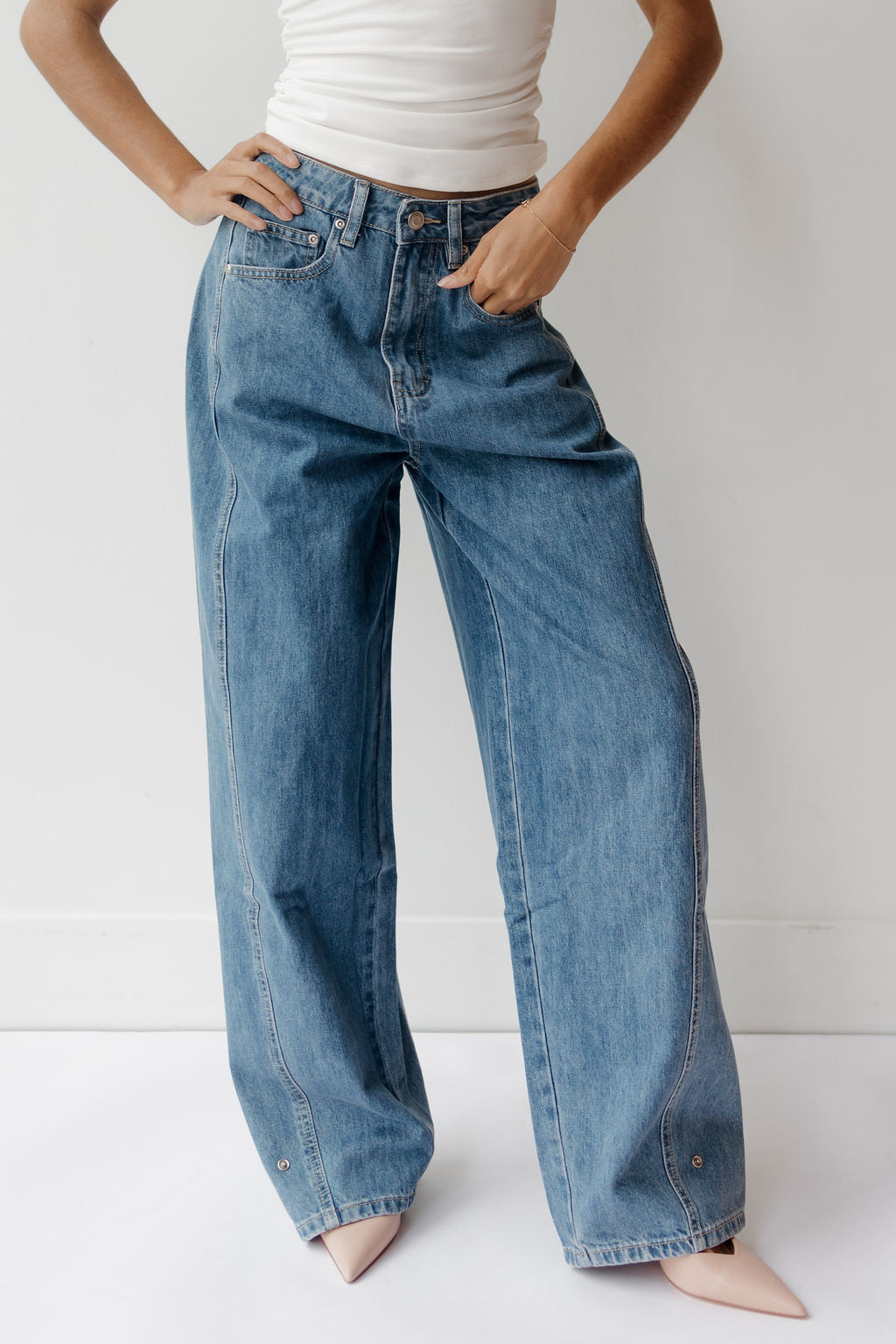 lacey pleated wide leg jeans