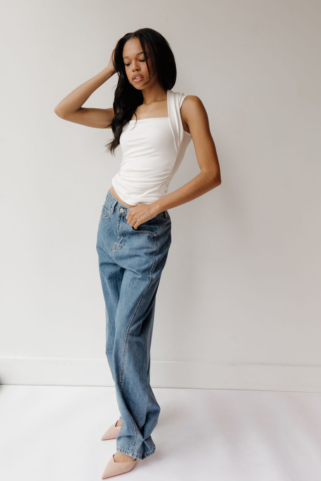 lacey pleated wide leg jeans