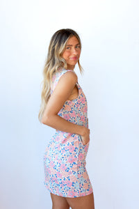 mode, petal and denim mini dress