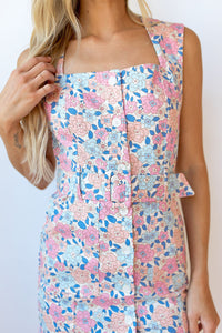 mode, petal and denim mini dress