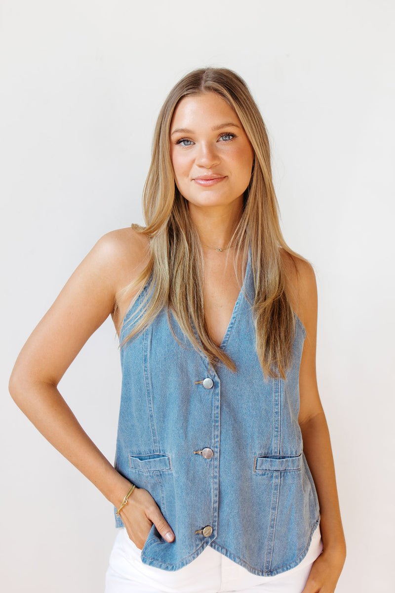 langley denim halter top vest