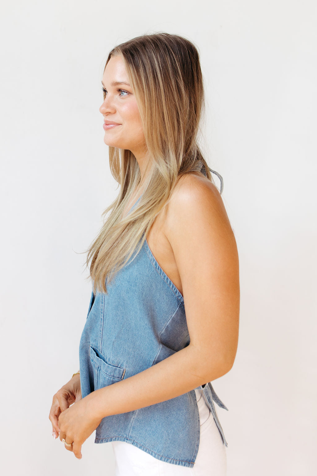 langley denim halter top vest