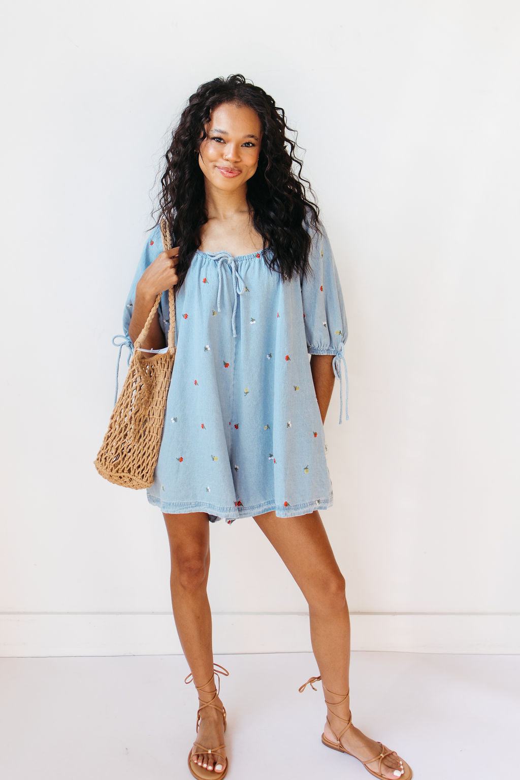 lucy embroidered denim romper