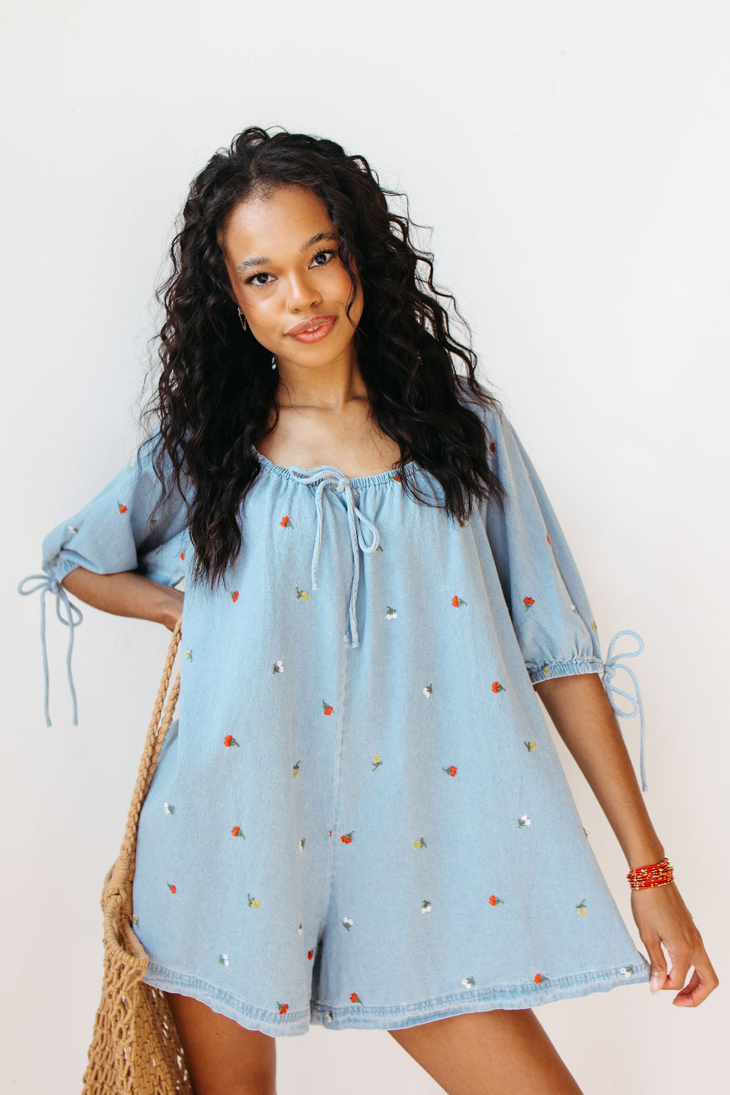 lucy embroidered denim romper