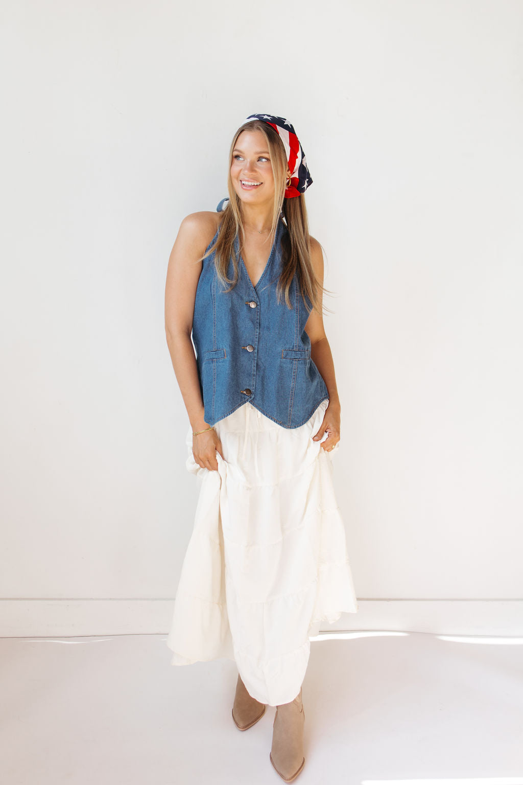 langley denim halter top vest