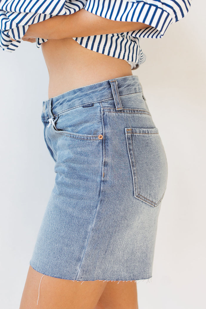 clare high rise mid-thigh denim shorts