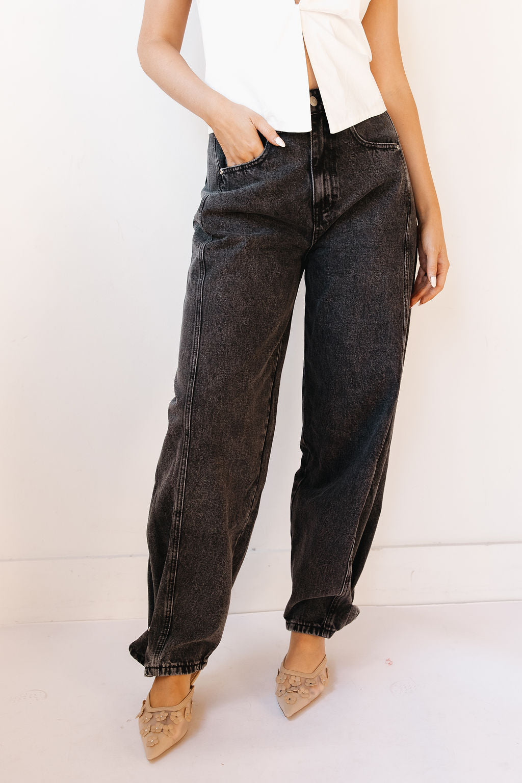 lacey pleated wide leg jeans