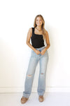 chloe high rise distressed slim wide leg jeans
