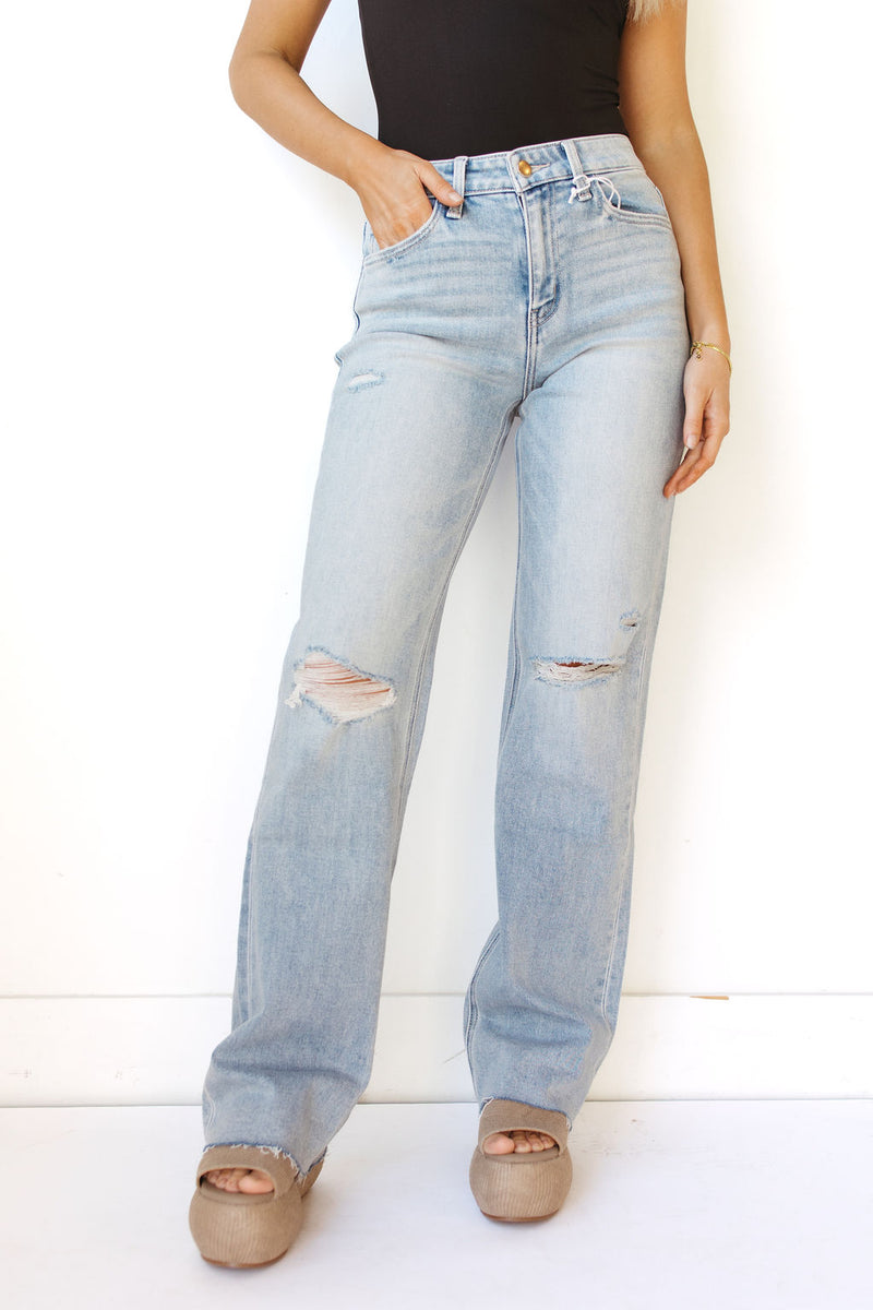 chloe high rise distressed slim wide leg jeans