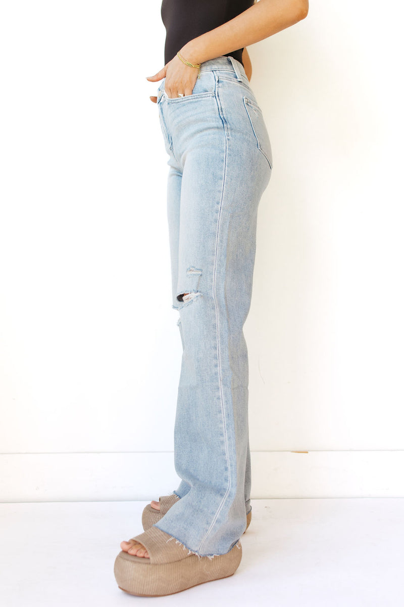 chloe high rise distressed slim wide leg jeans