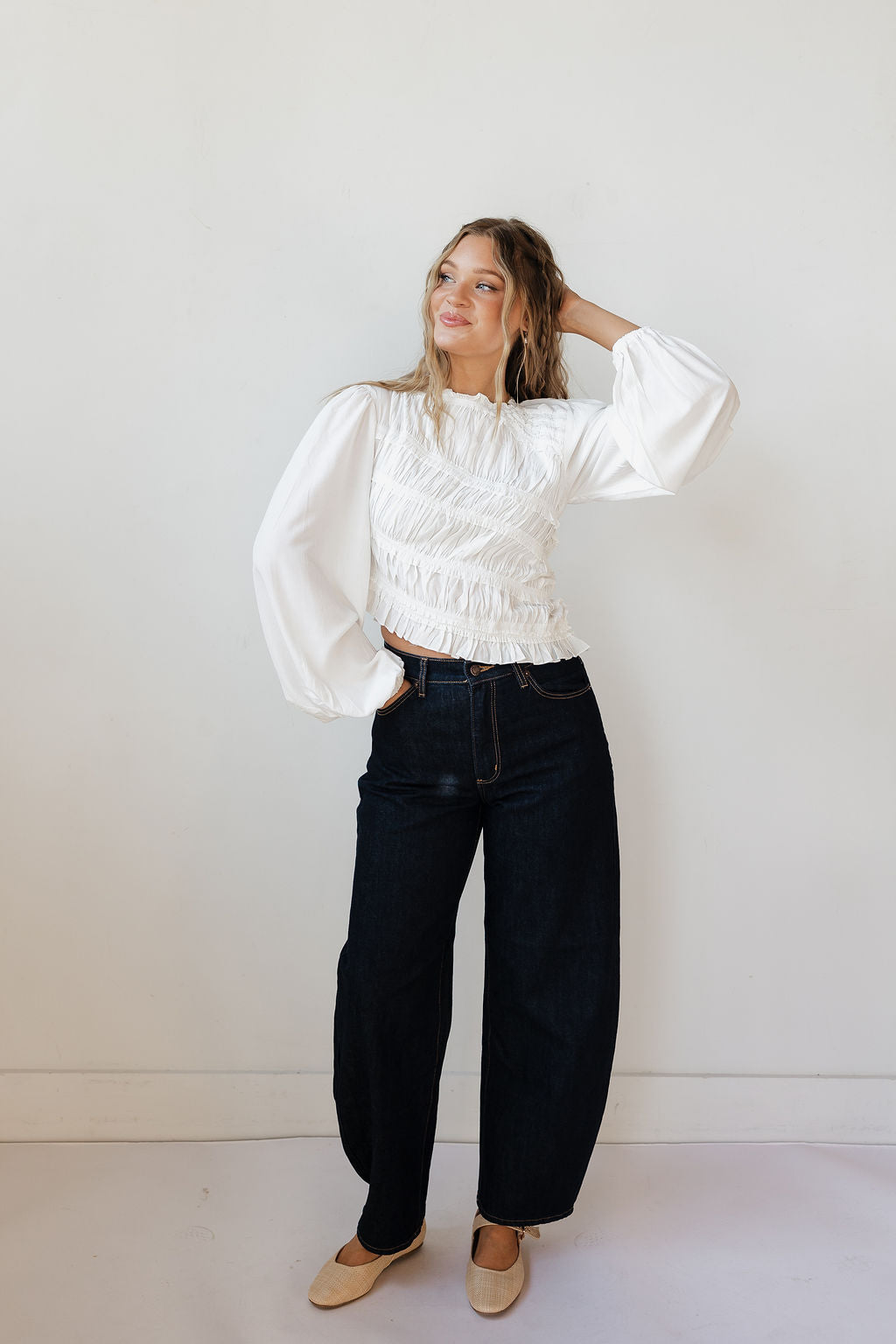kam asymmetric ruched ruffle top