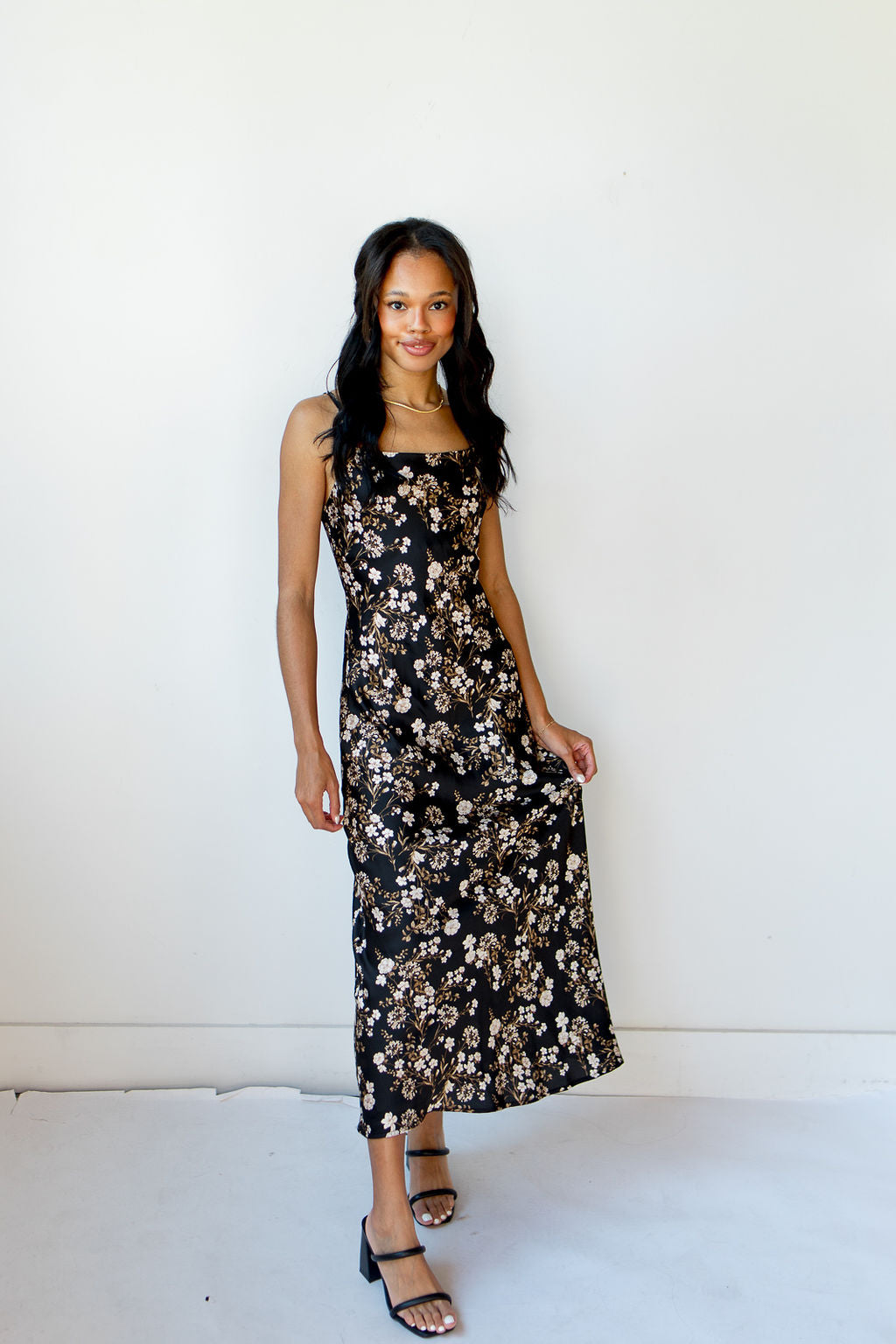 mode, midnight floral midi dress