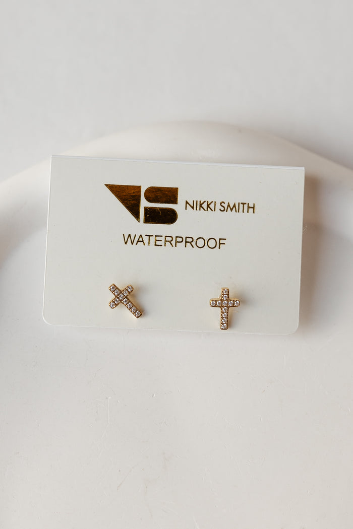 crystal cross studs - gold