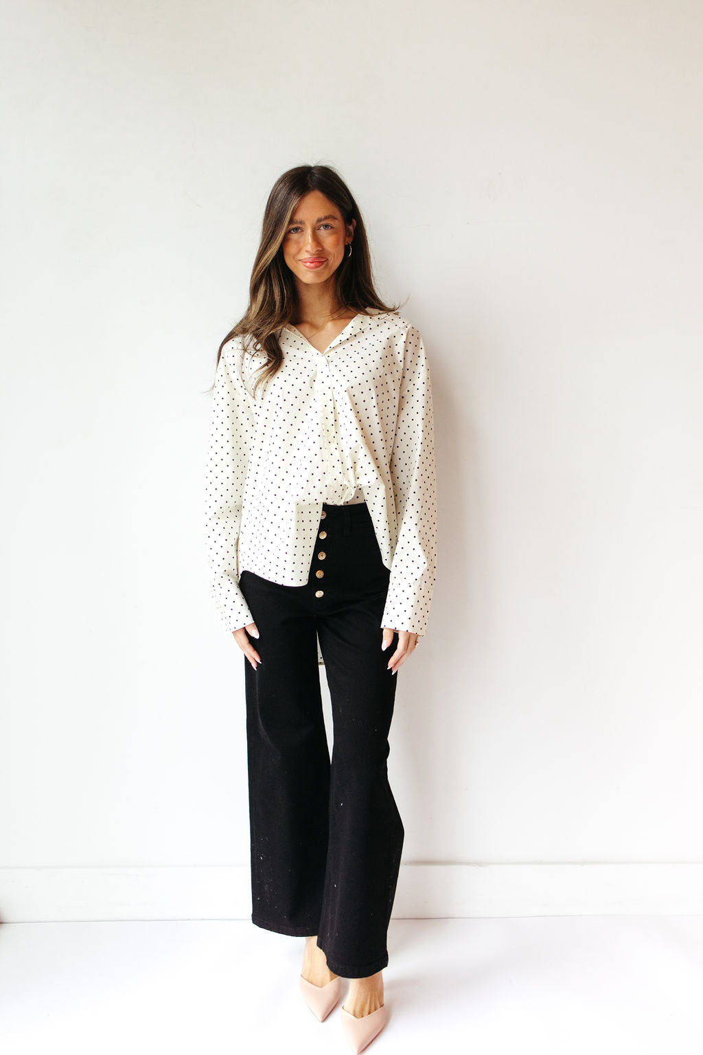 madi oversized polka dot button down top