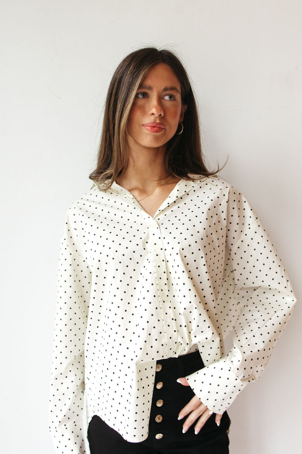 madi oversized polka dot button down top