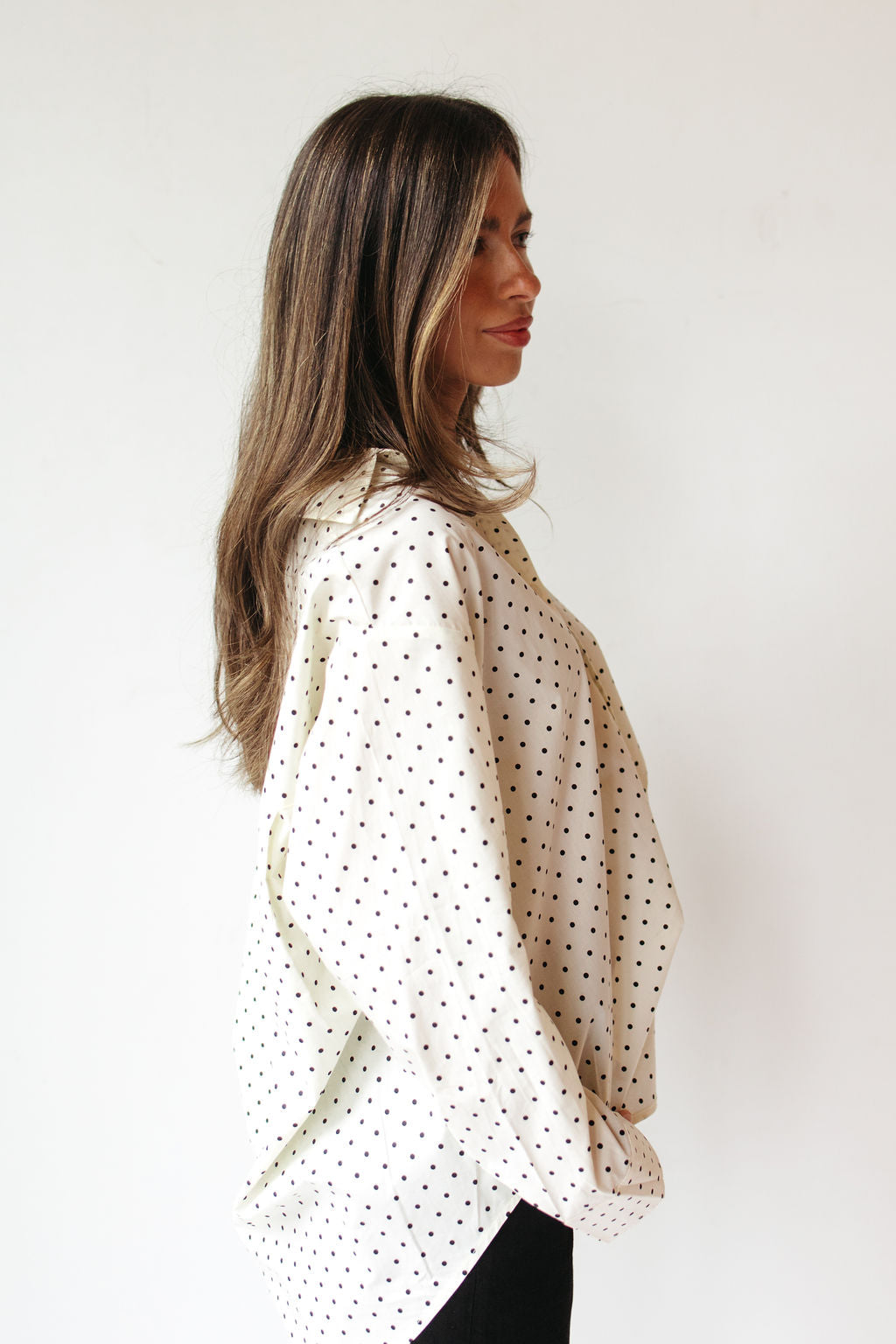 madi oversized polka dot button down top