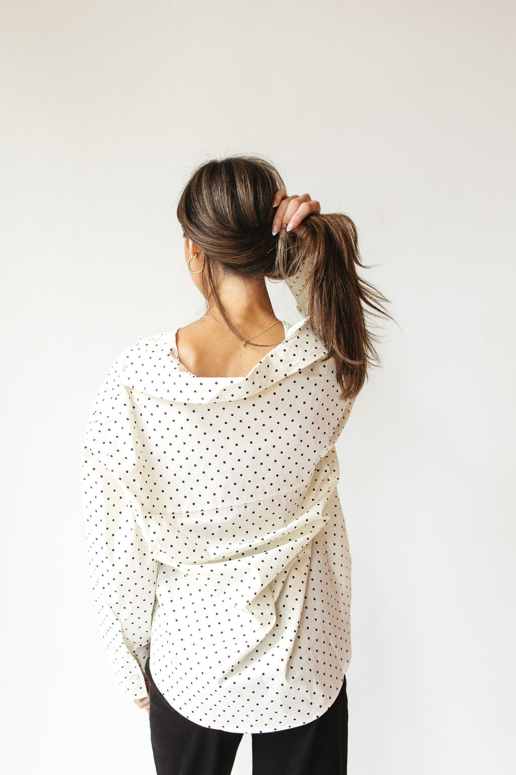 madi oversized polka dot button down top