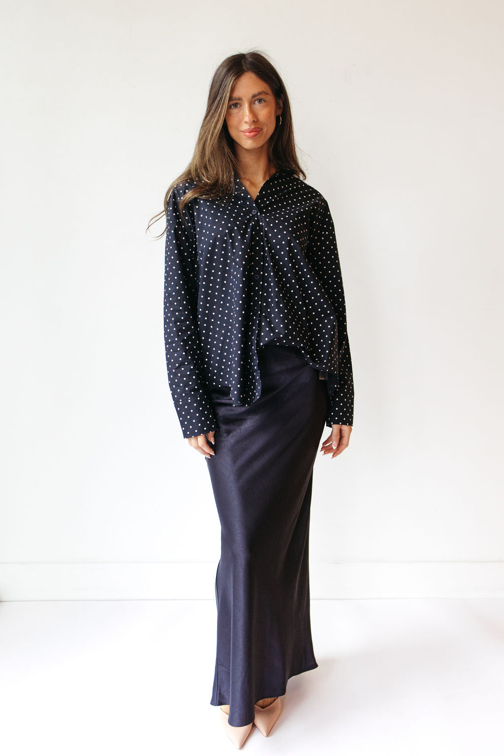 madi oversized polka dot button down top