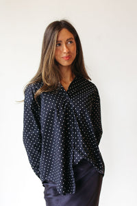 madi oversized polka dot button down top