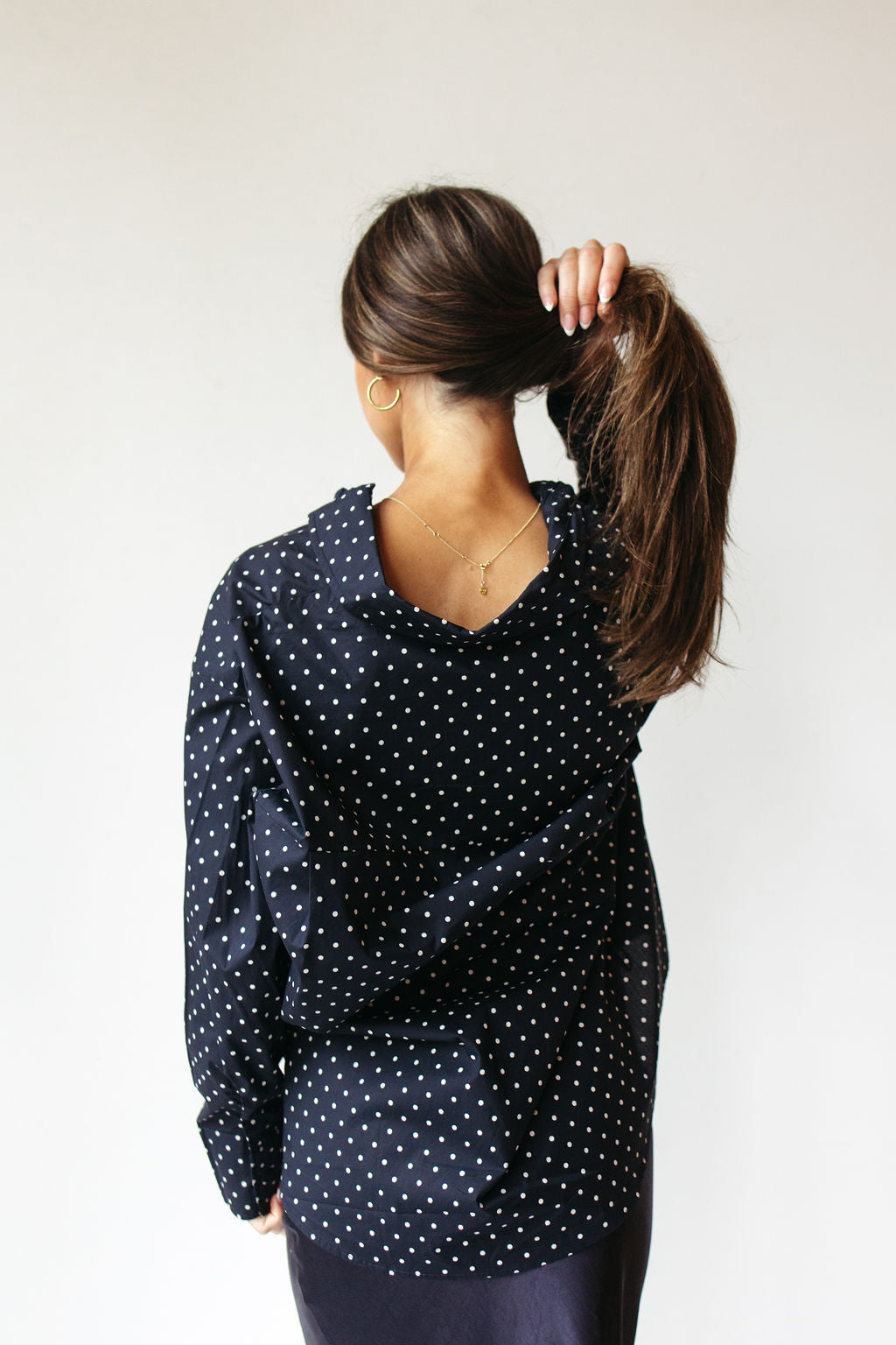 madi oversized polka dot button down top