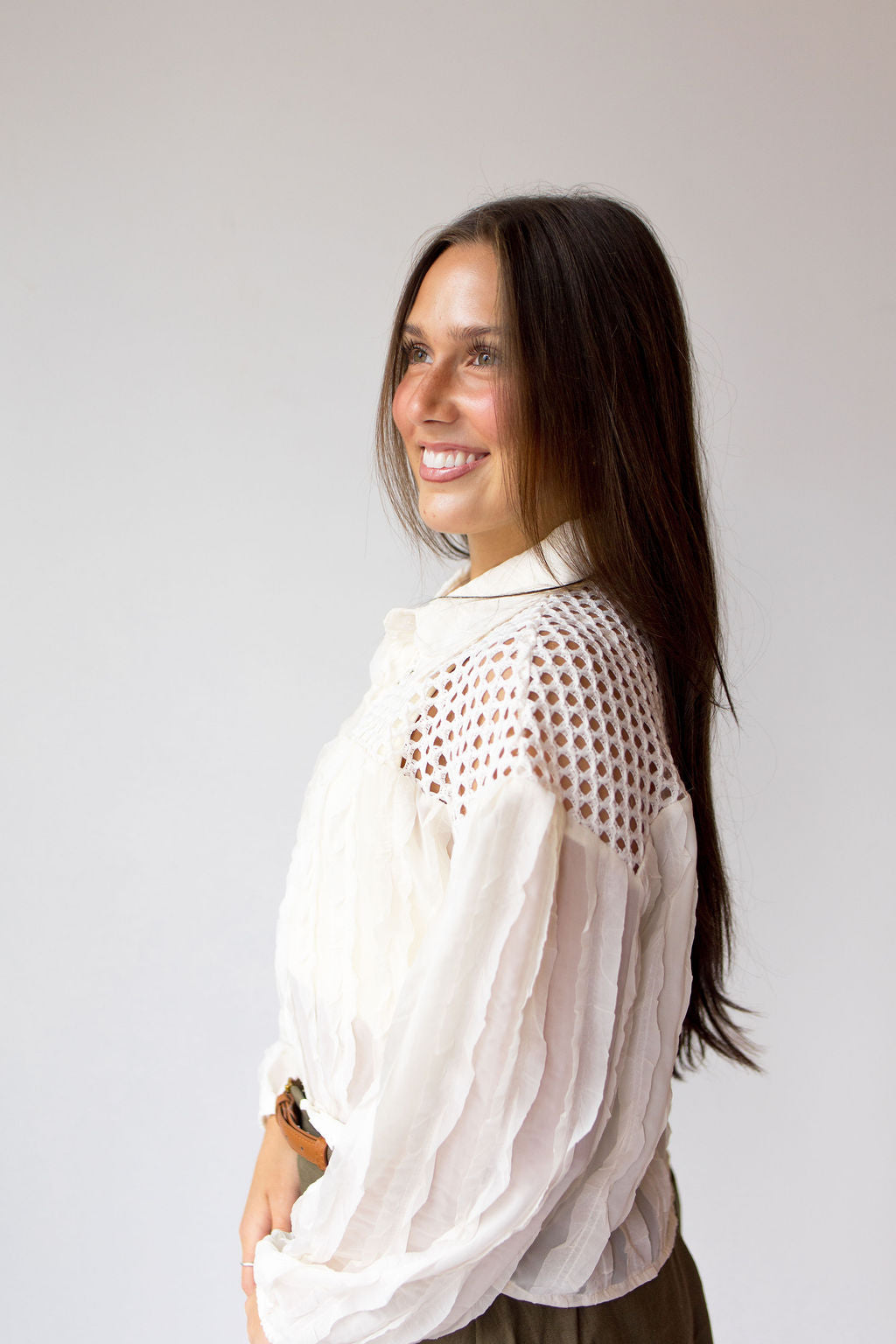 aly ruffle button down