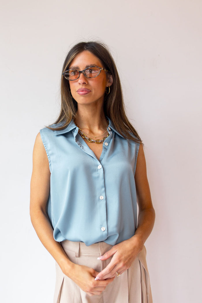 sam satin sleeveless button down