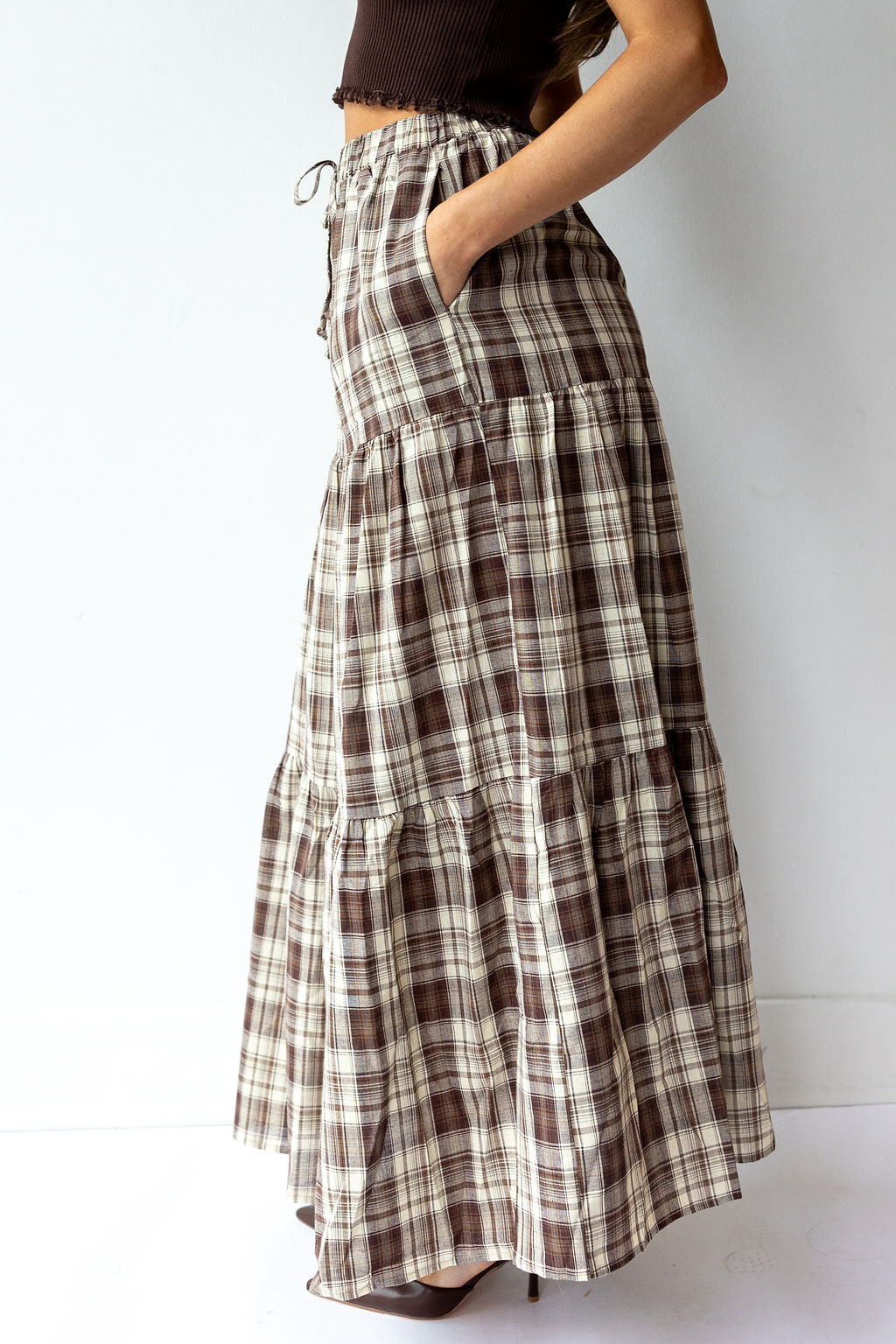 loren plaid tiered maxi skirt