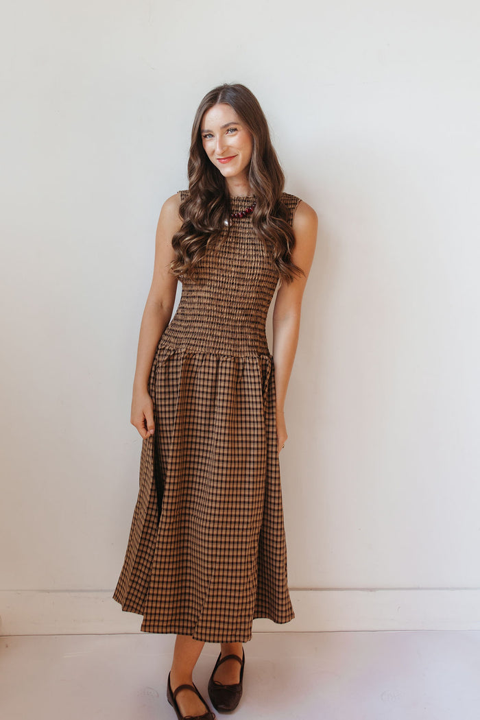 riley gingham smocked midi dress