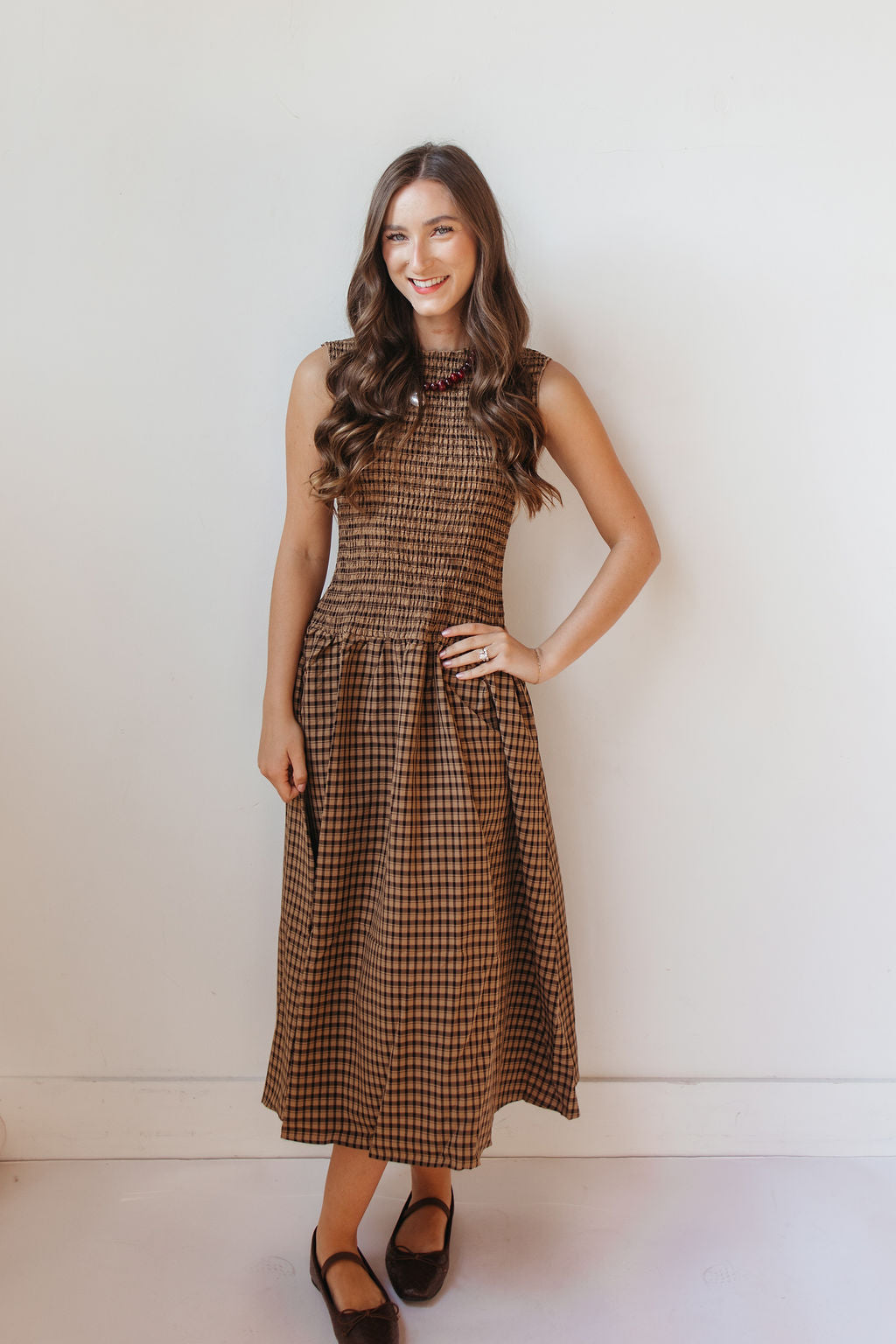 riley gingham smocked midi dress