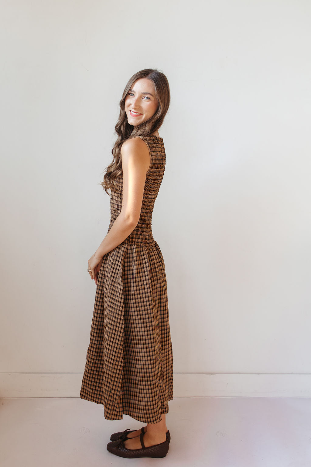 riley gingham smocked midi dress