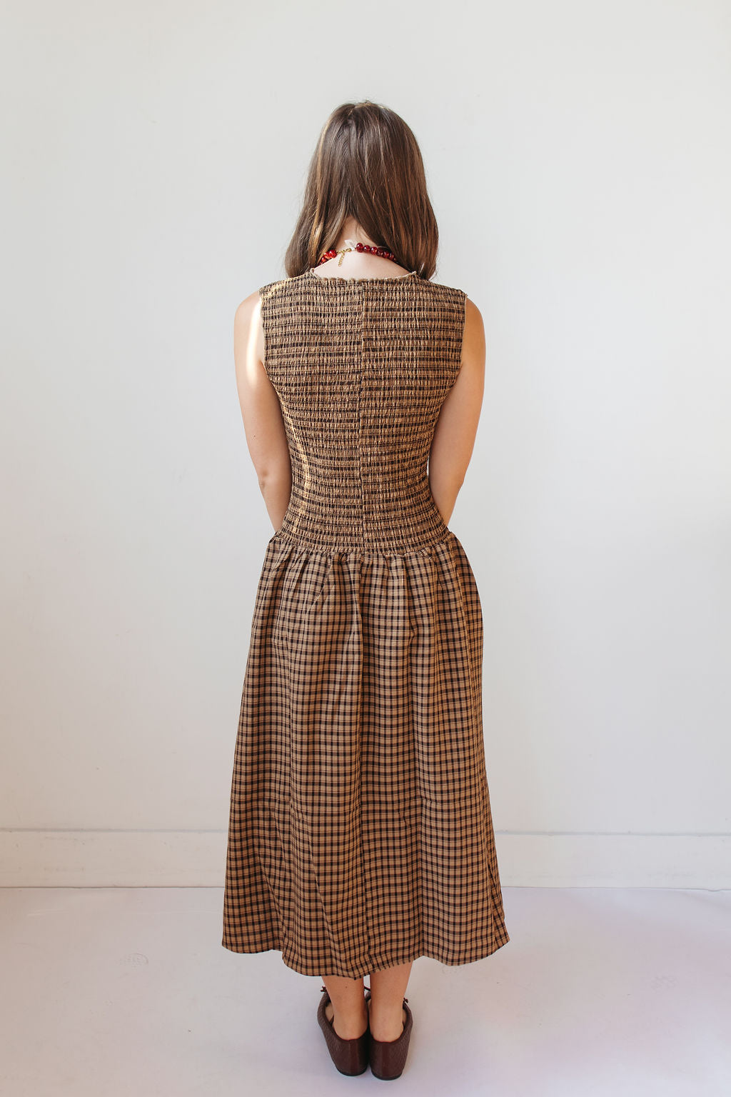 riley gingham smocked midi dress