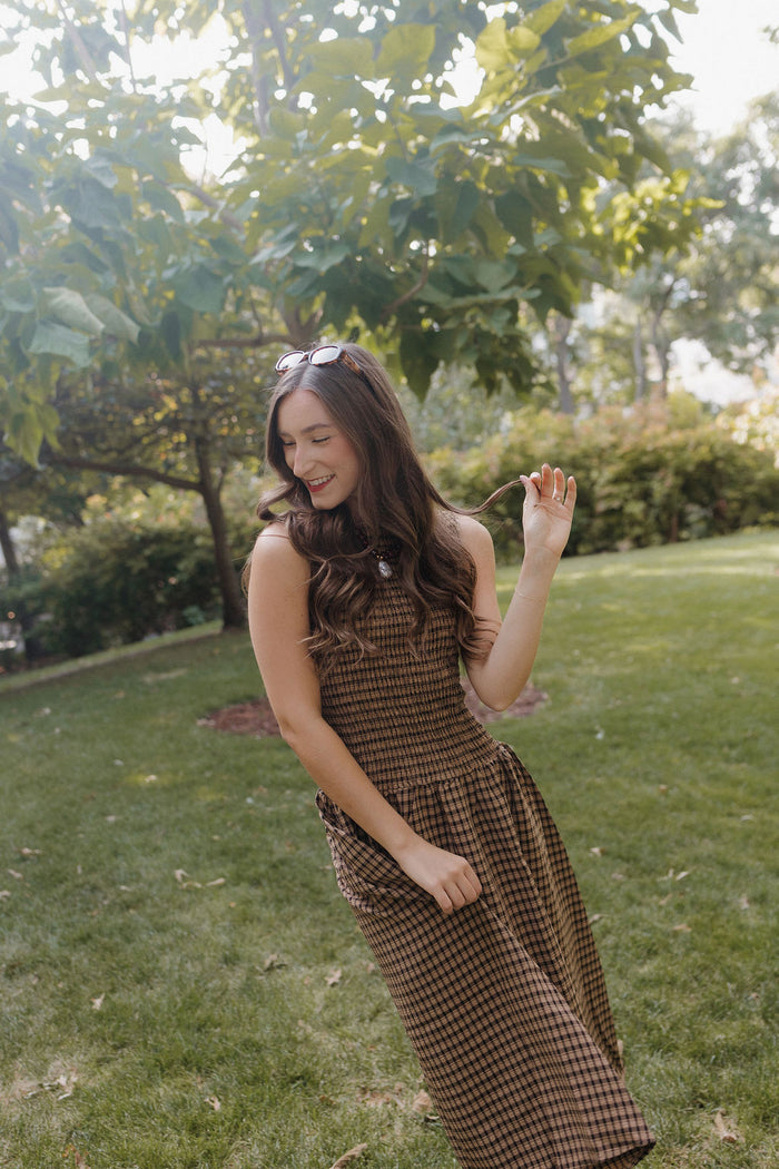 riley gingham smocked midi dress