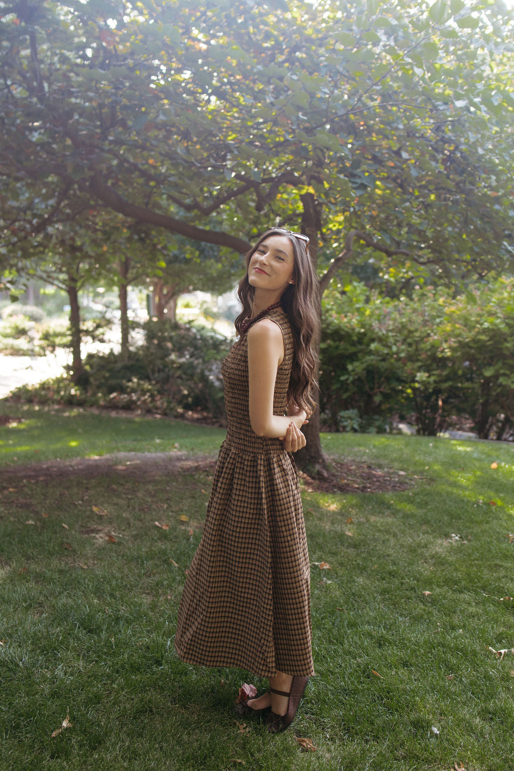 riley gingham smocked midi dress