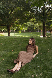 riley gingham smocked midi dress