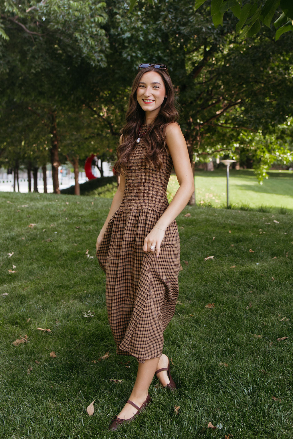riley gingham smocked midi dress