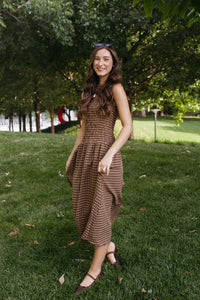 riley gingham smocked midi dress