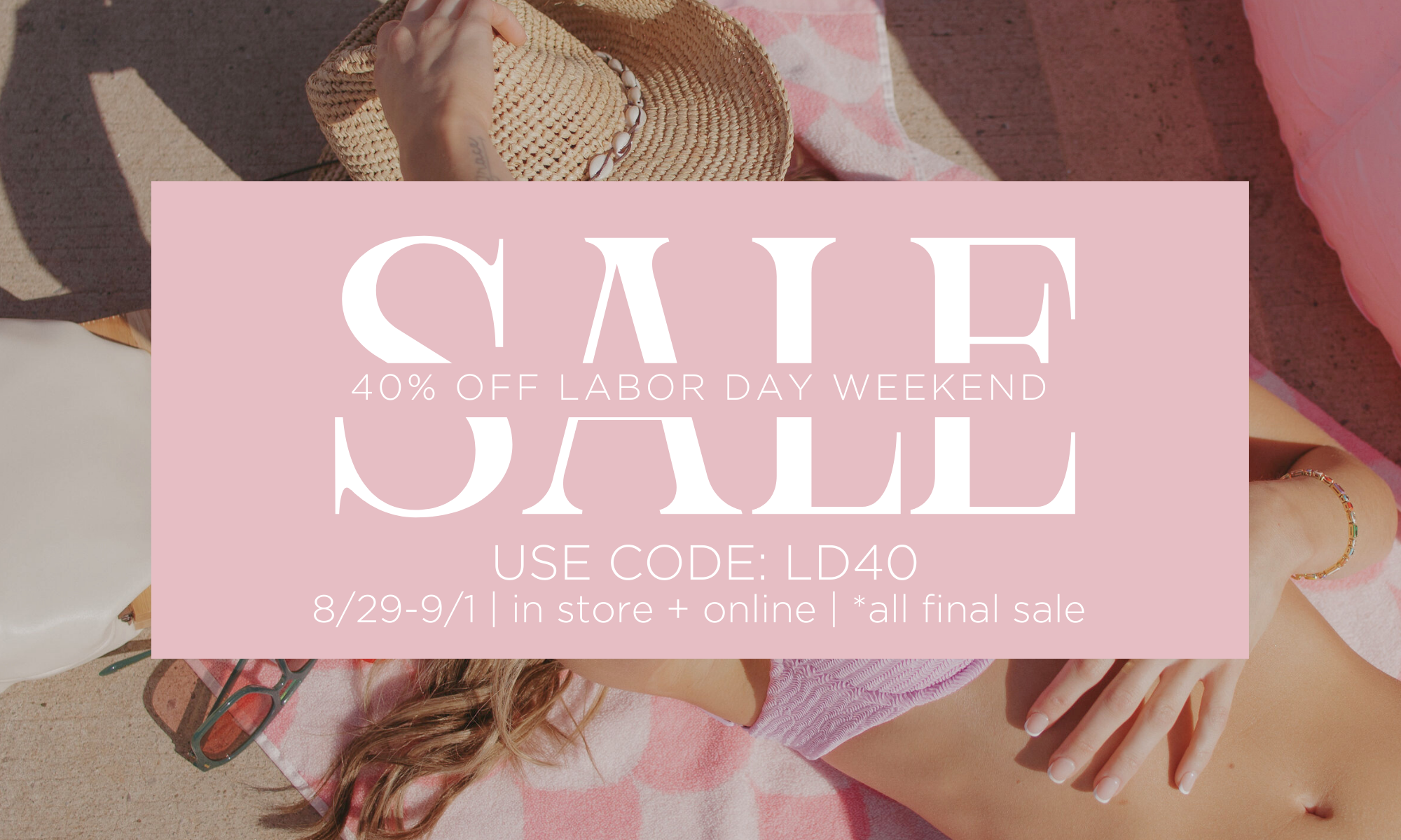 Promotional banner for a Labor Day sale with text overlay on a blurred background of people shopping.