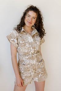 mode, animal print denim romper