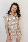 mode, animal print denim romper