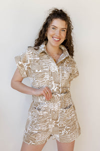 mode, animal print denim romper