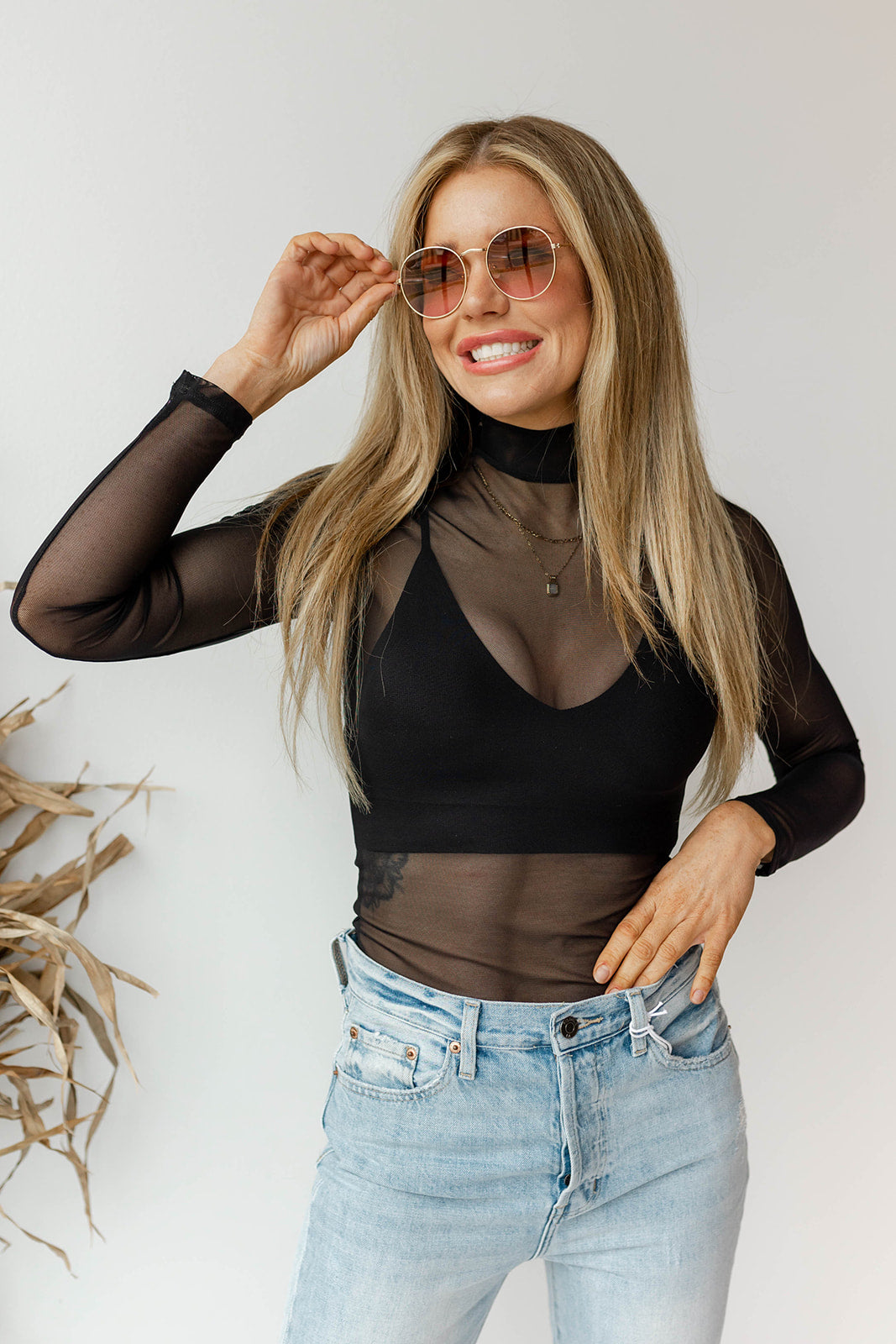 mode, mesh mock neck top